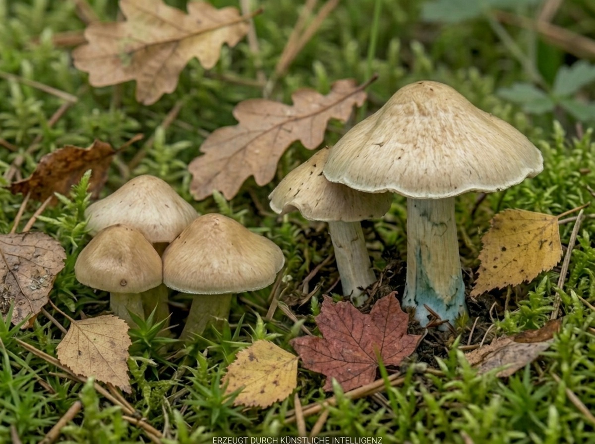 Grünender Risspilz - Bild exemplarisch, KI generiert. Der Grünende Risspilz wächst meist außerhalb von Wäldern, oft in Gärten oder Parkanlagen. Markantestes Merkmal ist, dass die Stielbasis (aber auch der Hutrand) dazu neigt grünlich-blau anzulaufen. 